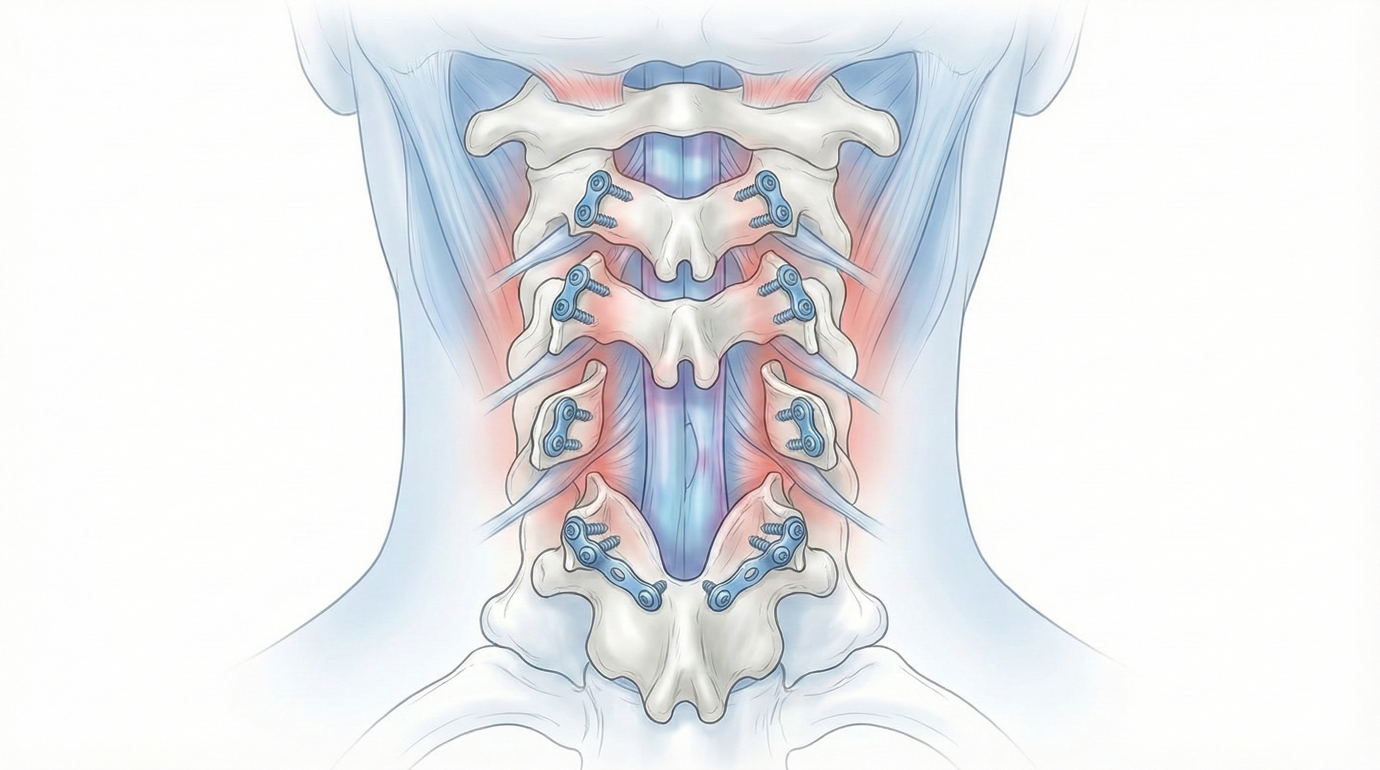 Ilustración posterior de columna cervical mostrando apertura de láminas y fijación con placas en una laminoplastia cervical expansiva.
